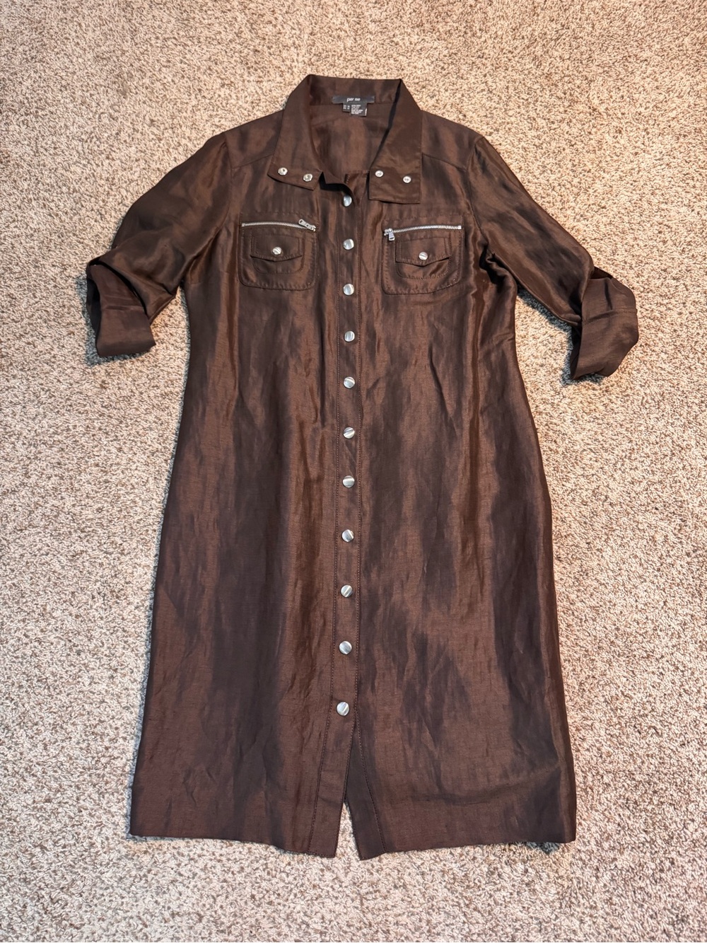 Per Se By Carlisle Linen Silk Snap Front Shirt Dress - US10